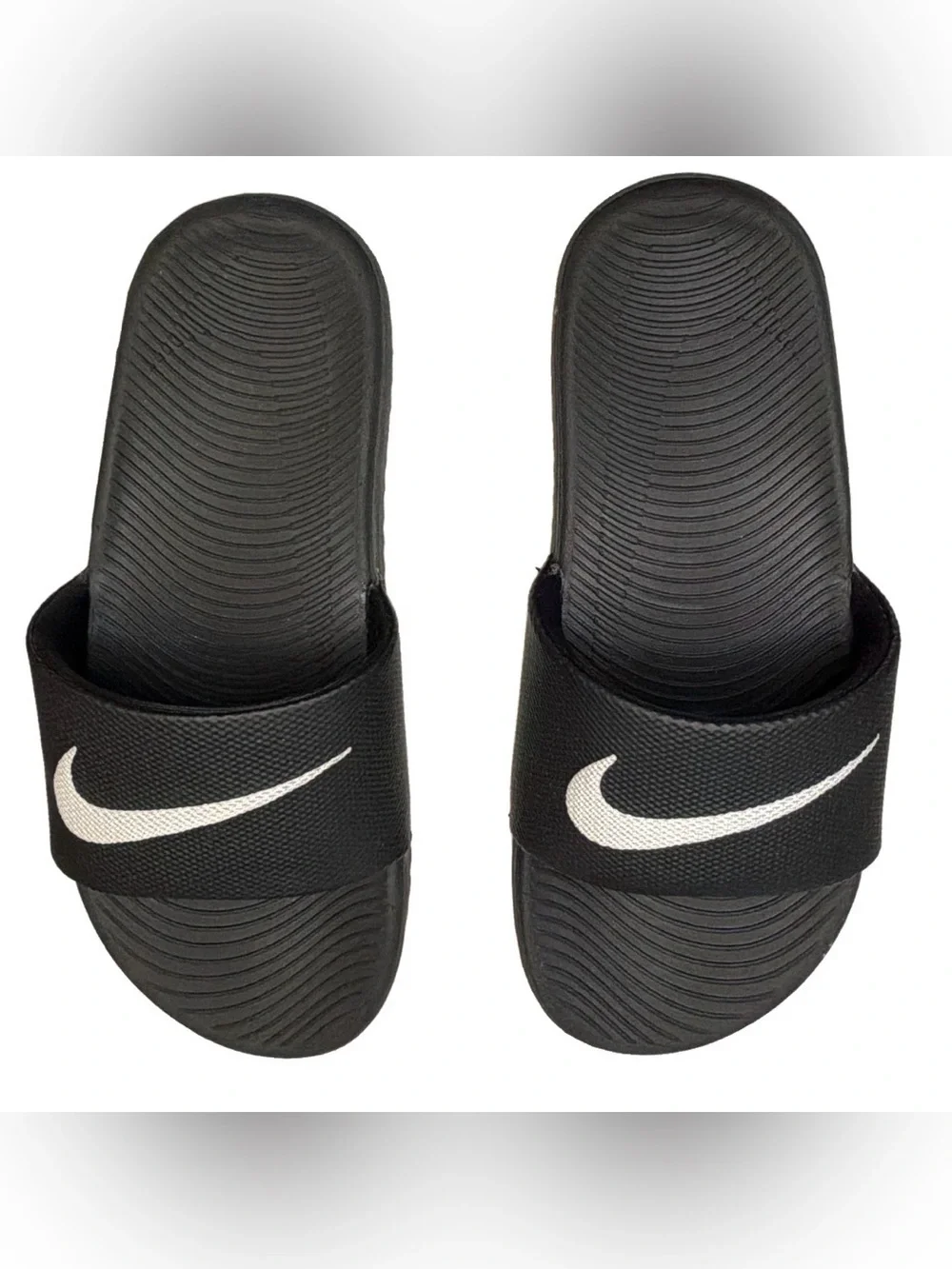 Nike Kawa Slide Sandals Black White Swoosh Kids Size 2Y